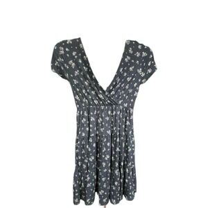 X Small Floral Ribbed Knit Tiered Mini Dress Short Sleeve V-Neck Tie Back Blue